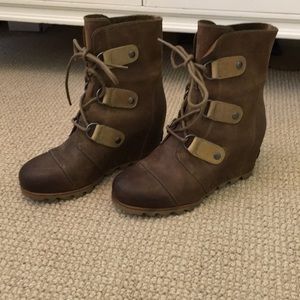 Sorel distressed wedge boots.
